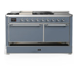 ILVE Majestic III 60-inch Dual Fuel Range with 7 Natural Gas Burner, Griddle, French Top and Solid Door Electric Oven in Blue Grey with Chrome Trim (UM60FSQNR3BGC)