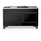 ILVE Majestic III 60-inch Dual Fuel Range with 5 Liquid Propane Burner, Griddle, French Top and Solid Door Electric Oven in Glossy Black with Burnished Trim (UM60FSQNR3BKBLP)
