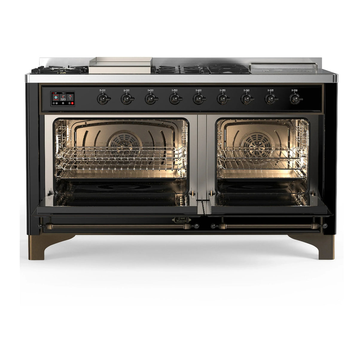 ILVE Majestic III 60-inch Dual Fuel Range with 5 Liquid Propane Burner, Griddle, French Top and Solid Door Electric Oven in Glossy Black with Burnished Trim (UM60FSQNR3BKBLP)