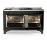 ILVE Majestic III 60-inch Dual Fuel Range with 5 Liquid Propane Burner, Griddle, French Top and Solid Door Electric Oven in Glossy Black with Burnished Trim (UM60FSQNR3BKBLP)