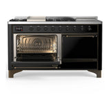 ILVE Majestic III 60-inch Dual Fuel Range with 5 Liquid Propane Burner, Griddle, French Top and Solid Door Electric Oven in Glossy Black with Burnished Trim (UM60FSQNR3BKBLP)