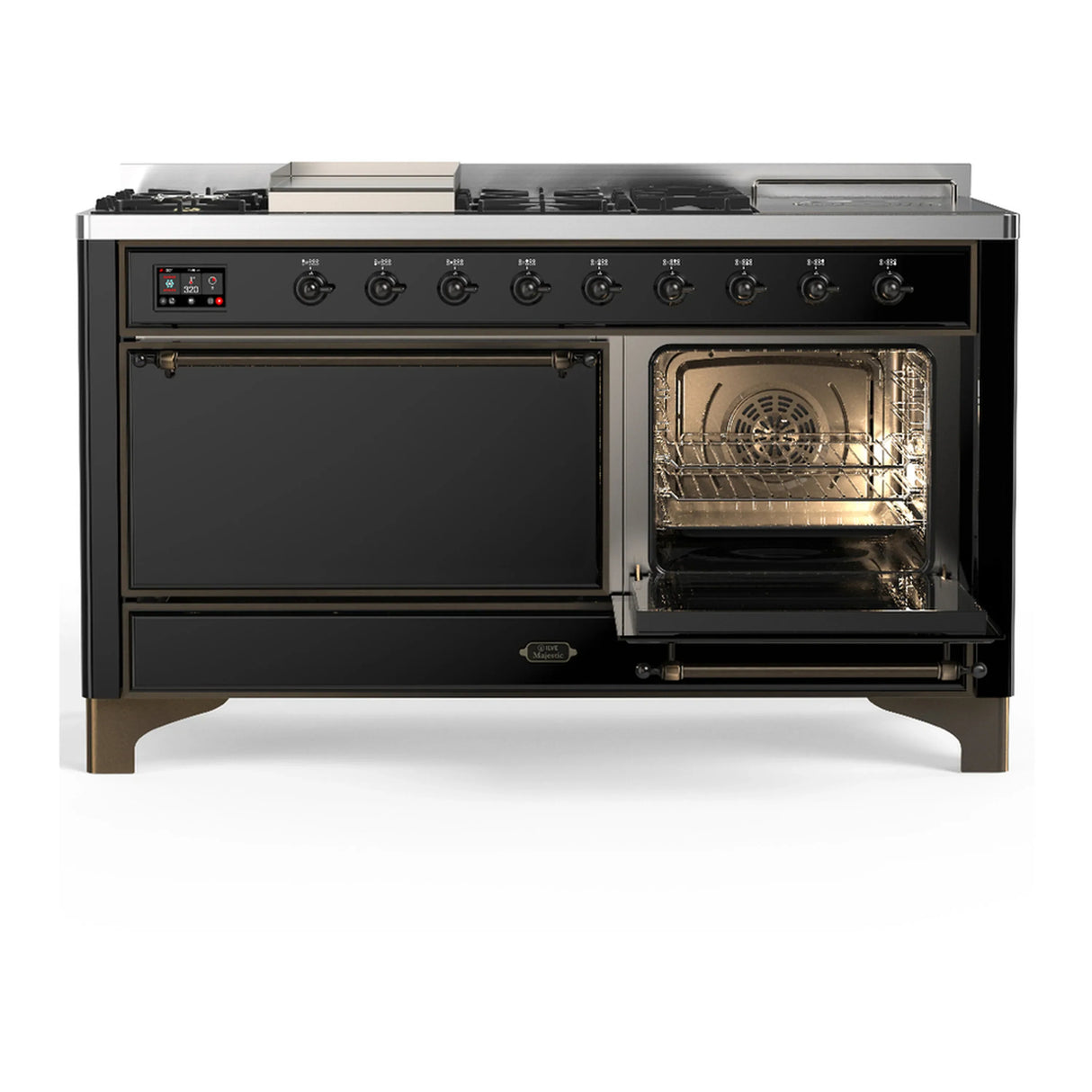 ILVE Majestic III 60-inch Dual Fuel Range with 5 Liquid Propane Burner, Griddle, French Top and Solid Door Electric Oven in Glossy Black with Burnished Trim (UM60FSQNR3BKBLP)