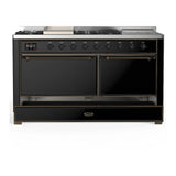 ILVE Majestic III 60-inch Dual Fuel Range with 5 Liquid Propane Burner, Griddle, French Top and Solid Door Electric Oven in Glossy Black with Burnished Trim (UM60FSQNR3BKBLP)