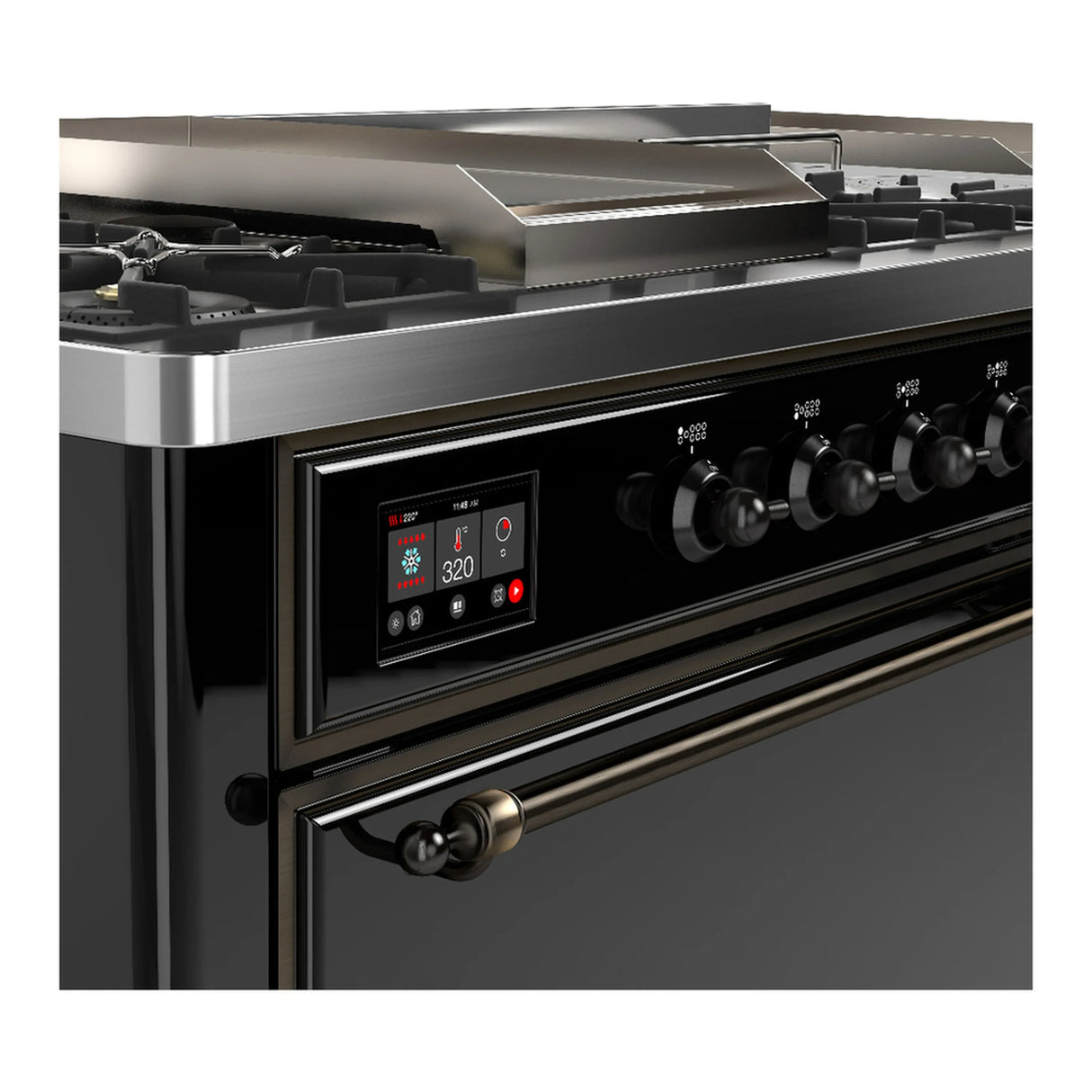 ILVE Majestic III 60-inch Dual Fuel Range with 5 Liquid Propane Burner, Griddle, French Top and Solid Door Electric Oven in Glossy Black with Burnished Trim (UM60FSQNR3BKBLP)