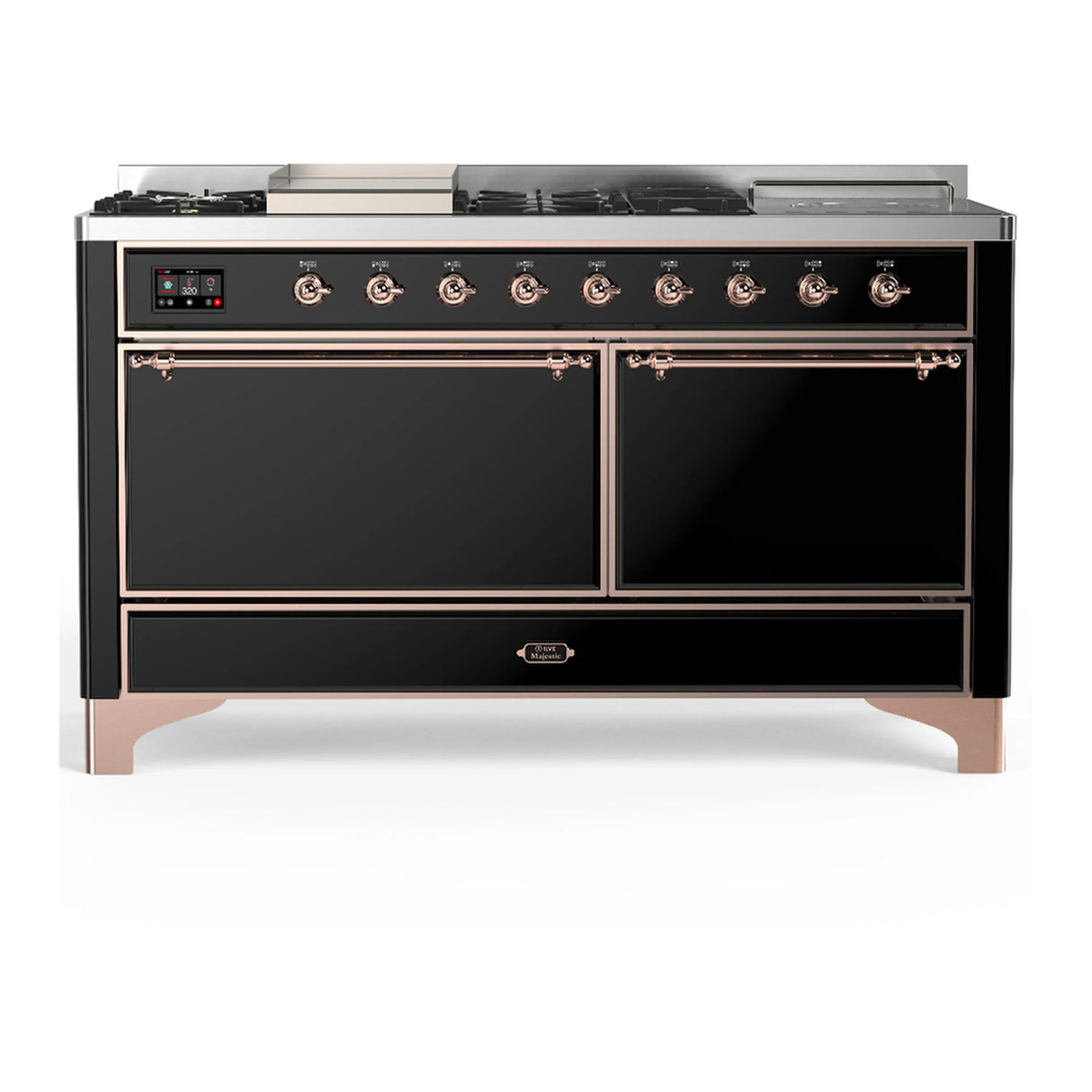 ILVE Majestic III 60-inch Dual Fuel Range with 5 Liquid Propane Burner, Griddle, French Top and Solid Door Electric Oven in Glossy Black with Copper Trim (UM60FSQNR3BKPLP)