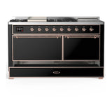 ILVE Majestic III 60-inch Dual Fuel Range with 5 Liquid Propane Burner, Griddle, French Top and Solid Door Electric Oven in Glossy Black with Copper Trim (UM60FSQNR3BKPLP)
