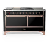 ILVE Majestic III 60-inch Dual Fuel Range with 7 Natural Gas Burner, Griddle, French Top and Solid Door Electric Oven in Glossy Black with Copper Trim (UM60FSQNR3BKP)