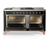 ILVE Majestic III 60-inch Dual Fuel Range with 7 Natural Gas Burner, Griddle, French Top and Solid Door Electric Oven in Glossy Black with Copper Trim (UM60FSQNR3BKP)