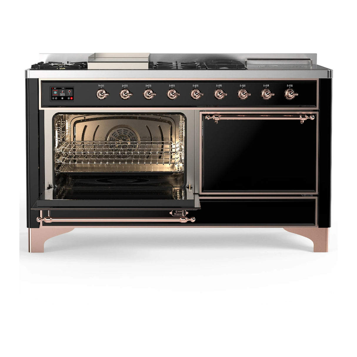 ILVE Majestic III 60-inch Dual Fuel Range with 7 Natural Gas Burner, Griddle, French Top and Solid Door Electric Oven in Glossy Black with Copper Trim (UM60FSQNR3BKP)