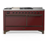 ILVE Majestic III 60-inch Dual Fuel Range with 5 Liquid Propane Burner, Griddle, French Top and Solid Door Electric Oven in Burgundy with Burnished Trim (UM60FSQNR3BUBLP)