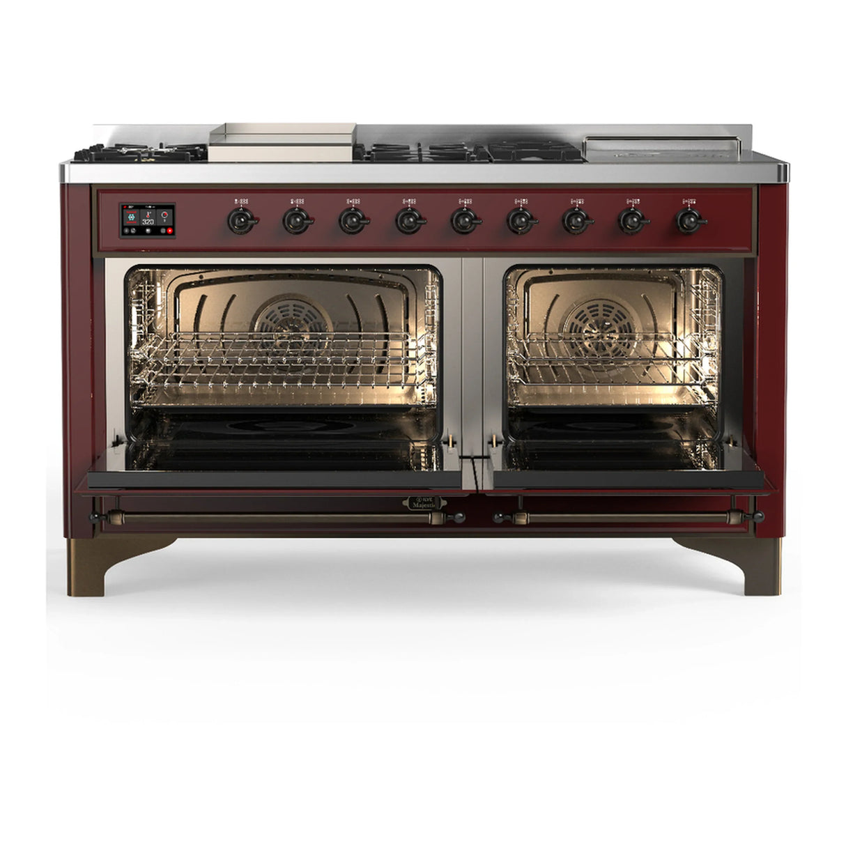 ILVE Majestic III 60-inch Dual Fuel Range with 5 Liquid Propane Burner, Griddle, French Top and Solid Door Electric Oven in Burgundy with Burnished Trim (UM60FSQNR3BUBLP)