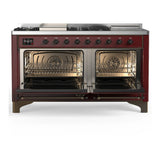 ILVE Majestic III 60-inch Dual Fuel Range with 5 Liquid Propane Burner, Griddle, French Top and Solid Door Electric Oven in Burgundy with Burnished Trim (UM60FSQNR3BUBLP)