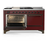 ILVE Majestic III 60-inch Dual Fuel Range with 5 Liquid Propane Burner, Griddle, French Top and Solid Door Electric Oven in Burgundy with Burnished Trim (UM60FSQNR3BUBLP)