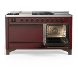ILVE Majestic III 60-inch Dual Fuel Range with 5 Liquid Propane Burner, Griddle, French Top and Solid Door Electric Oven in Burgundy with Burnished Trim (UM60FSQNR3BUBLP)