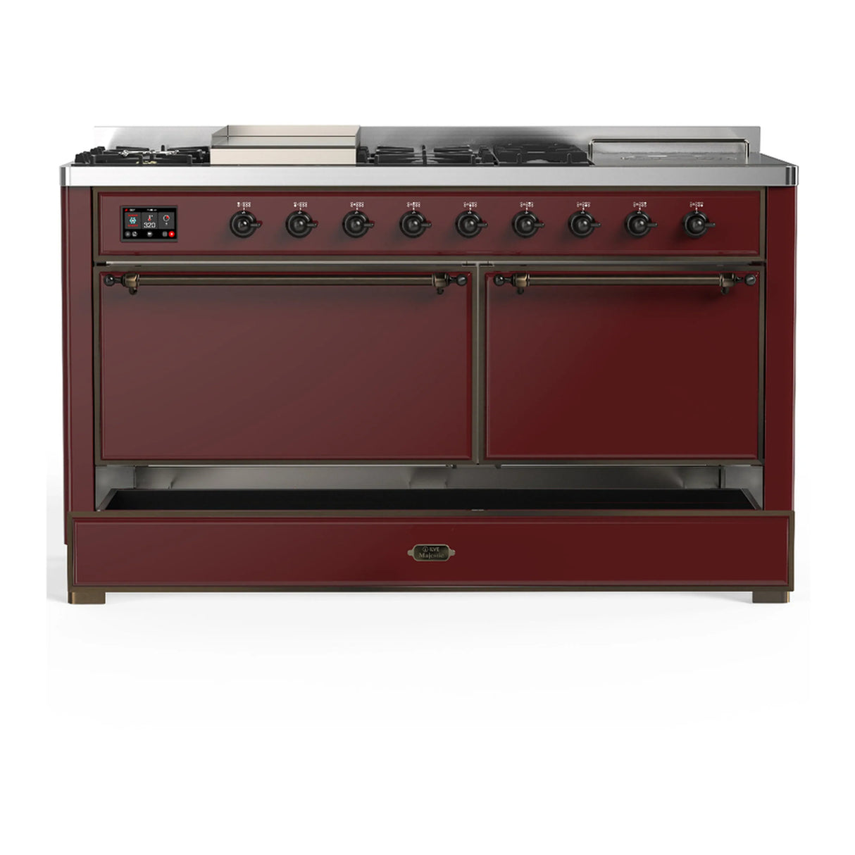 ILVE Majestic III 60-inch Dual Fuel Range with 5 Liquid Propane Burner, Griddle, French Top and Solid Door Electric Oven in Burgundy with Burnished Trim (UM60FSQNR3BUBLP)