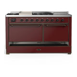 ILVE Majestic III 60-inch Dual Fuel Range with 5 Liquid Propane Burner, Griddle, French Top and Solid Door Electric Oven in Burgundy with Burnished Trim (UM60FSQNR3BUBLP)