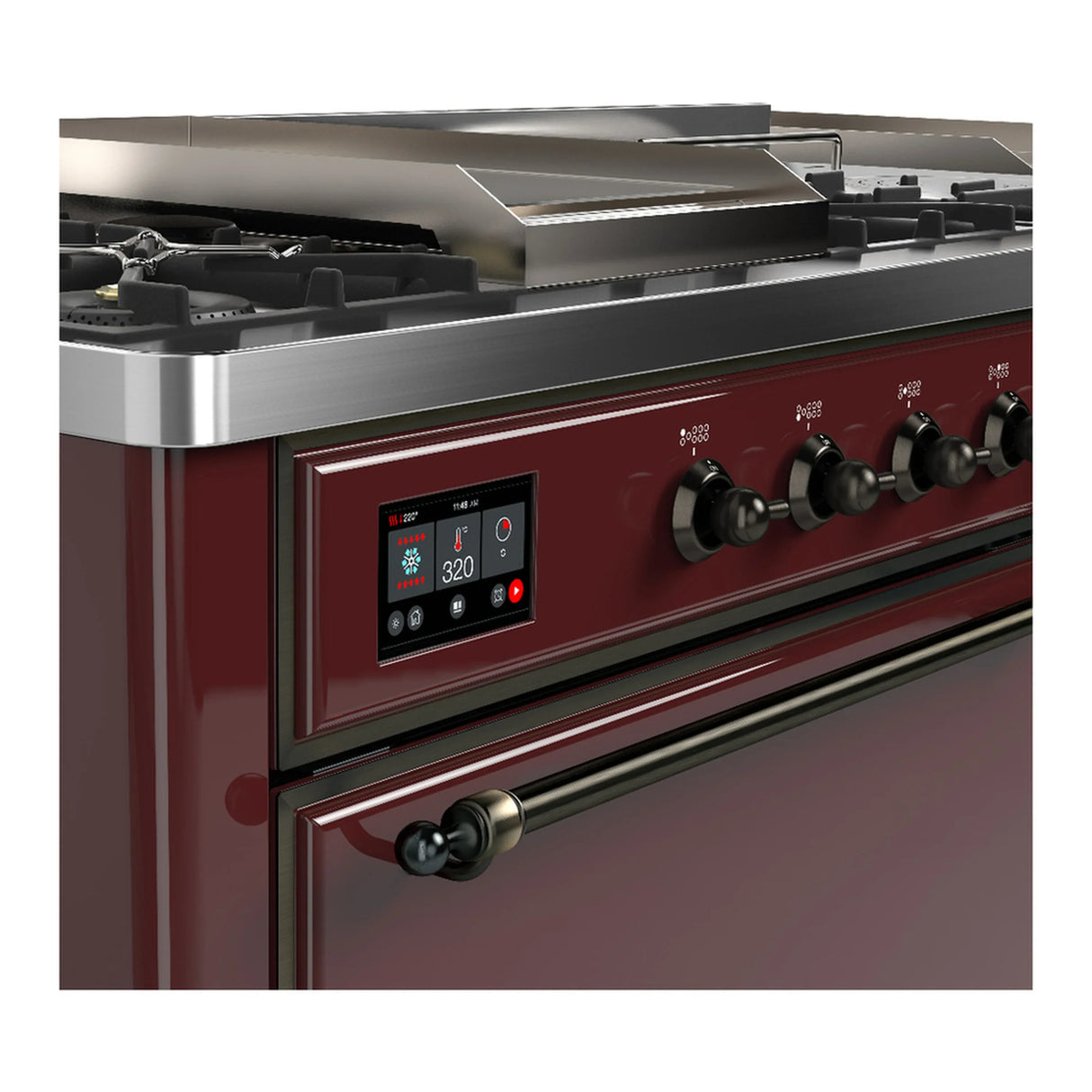ILVE Majestic III 60-inch Dual Fuel Range with 5 Liquid Propane Burner, Griddle, French Top and Solid Door Electric Oven in Burgundy with Burnished Trim (UM60FSQNR3BUBLP)