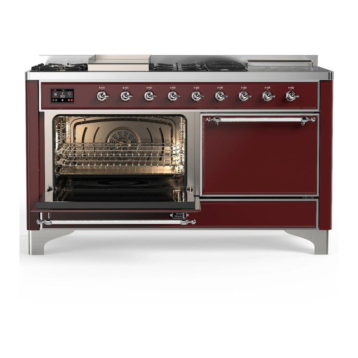 ILVE Majestic III 60-inch Dual Fuel Range with 7 Natural Gas Burner, Griddle, French Top and Solid Door Electric Oven in Burgundy with Chrome Trim (UM60FSQNR3BUC)
