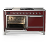 ILVE Majestic III 60-inch Dual Fuel Range with 7 Natural Gas Burner, Griddle, French Top and Solid Door Electric Oven in Burgundy with Chrome Trim (UM60FSQNR3BUC)