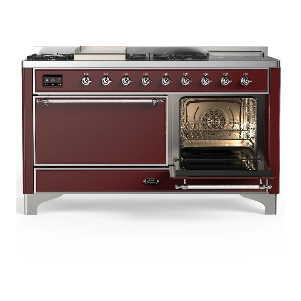 ILVE Majestic III 60-inch Dual Fuel Range with 7 Natural Gas Burner, Griddle, French Top and Solid Door Electric Oven in Burgundy with Chrome Trim (UM60FSQNR3BUC)