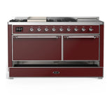 ILVE Majestic III 60-inch Dual Fuel Range with 7 Natural Gas Burner, Griddle, French Top and Solid Door Electric Oven in Burgundy with Chrome Trim (UM60FSQNR3BUC)