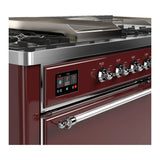 ILVE Majestic III 60-inch Dual Fuel Range with 7 Natural Gas Burner, Griddle, French Top and Solid Door Electric Oven in Burgundy with Chrome Trim (UM60FSQNR3BUC)