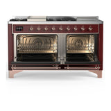 ILVE Majestic III 60-inch Dual Fuel Range with 7 Natural Gas Burner, Griddle, French Top and Solid Door Electric Oven in Burgundy with Copper Trim (UM60FSQNR3BUP)