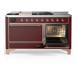 ILVE Majestic III 60-inch Dual Fuel Range with 7 Natural Gas Burner, Griddle, French Top and Solid Door Electric Oven in Burgundy with Copper Trim (UM60FSQNR3BUP)
