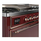 ILVE Majestic III 60-inch Dual Fuel Range with 7 Natural Gas Burner, Griddle, French Top and Solid Door Electric Oven in Burgundy with Copper Trim (UM60FSQNR3BUP)