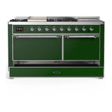 ILVE Majestic III 60-inch Dual Fuel Range with 5 Liquid Propane Burner, Griddle, French Top and Solid Door Electric Oven in Emerald Green with Chrome Trim (UM60FSQNR3EGCLP)