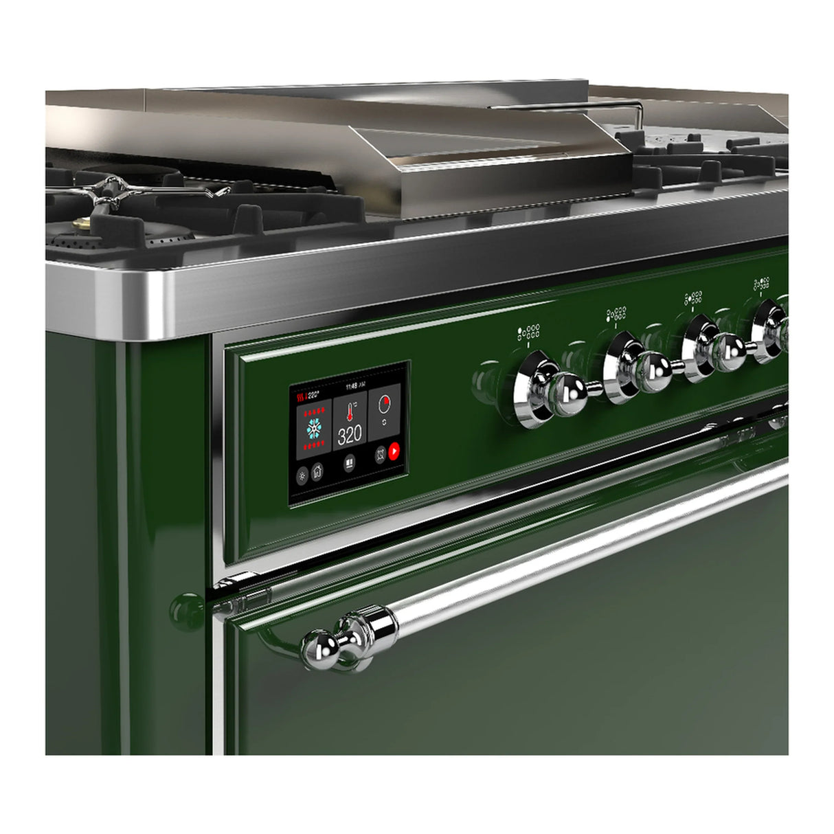 ILVE Majestic III 60-inch Dual Fuel Range with 5 Liquid Propane Burner, Griddle, French Top and Solid Door Electric Oven in Emerald Green with Chrome Trim (UM60FSQNR3EGCLP)