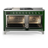 ILVE Majestic III 60-inch Dual Fuel Range with 7 Natural Gas Burner, Griddle, French Top and Solid Door Electric Oven in Emerald Green with Chrome Trim (UM60FSQNR3EGC)