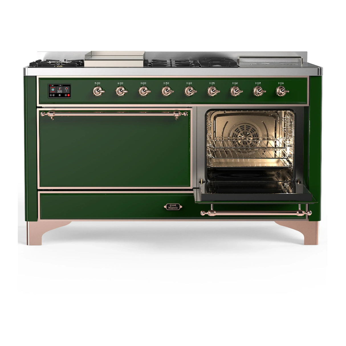 ILVE Majestic III 60-inch Dual Fuel Range with 5 Liquid Propane Burner, Griddle, French Top and Solid Door Electric Oven in Emerald Green with Copper Trim (UM60FSQNR3EGPLP)