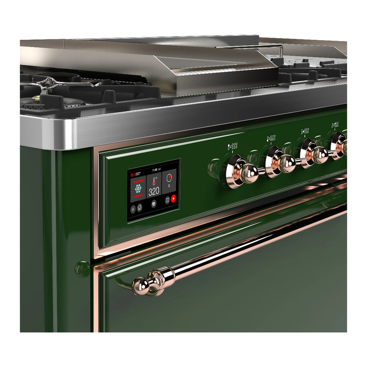 ILVE Majestic III 60-inch Dual Fuel Range with 5 Liquid Propane Burner, Griddle, French Top and Solid Door Electric Oven in Emerald Green with Copper Trim (UM60FSQNR3EGPLP)