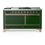 ILVE Majestic III 60-inch Dual Fuel Range with 7 Natural Gas Burner, Griddle, French Top and Solid Door Electric Oven in Emerald Green with Copper Trim (UM60FSQNR3EGP)