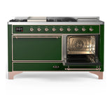 ILVE Majestic III 60-inch Dual Fuel Range with 7 Natural Gas Burner, Griddle, French Top and Solid Door Electric Oven in Emerald Green with Copper Trim (UM60FSQNR3EGP)