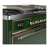 ILVE Majestic III 60-inch Dual Fuel Range with 7 Natural Gas Burner, Griddle, French Top and Solid Door Electric Oven in Emerald Green with Copper Trim (UM60FSQNR3EGP)