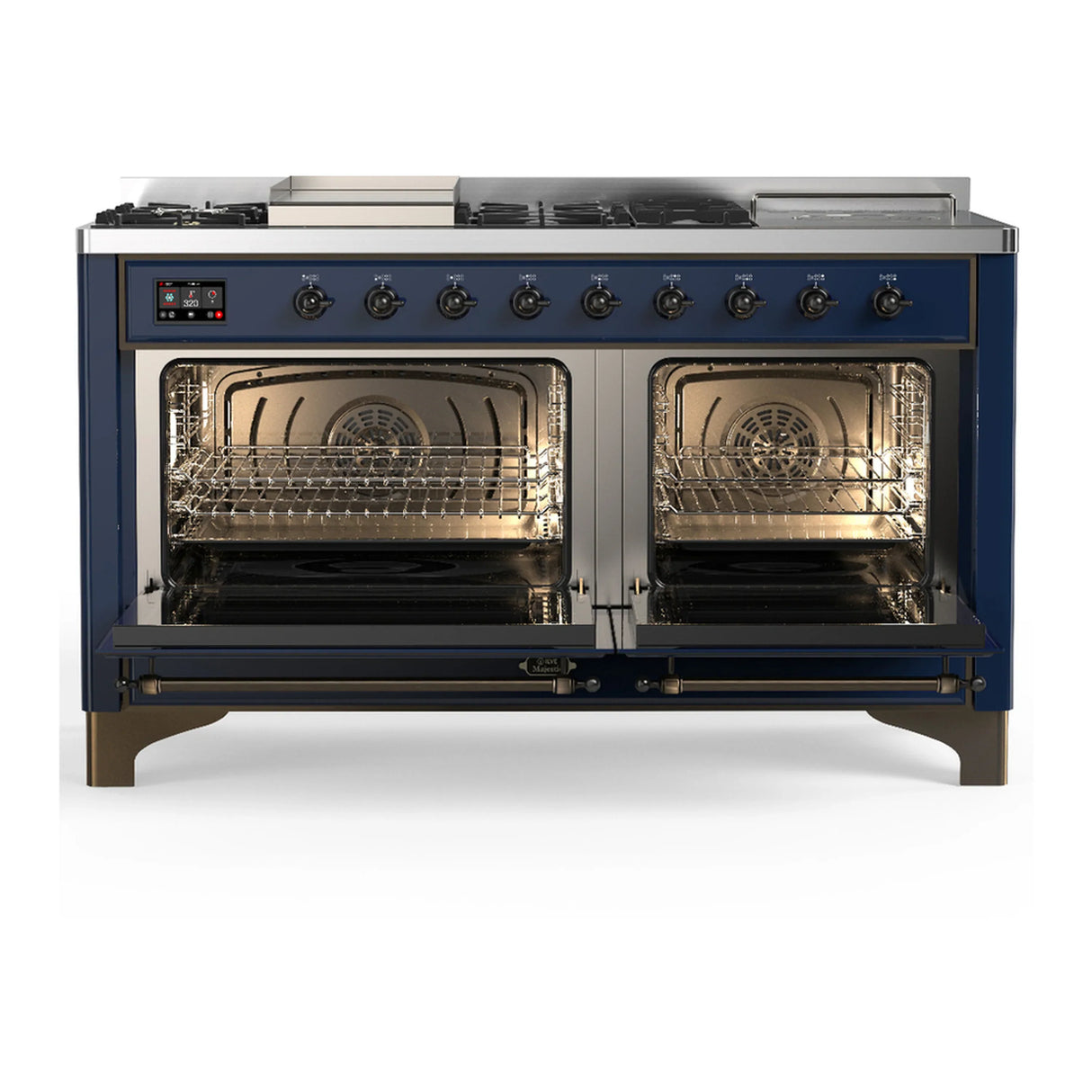 ILVE Majestic III 60-inch Dual Fuel Range with 5 Liquid Propane Burner, Griddle, French Top and Solid Door Electric Oven in Midnight Blue with Burnished Trim (UM60FSQNR3MBBLP)