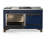 ILVE Majestic III 60-inch Dual Fuel Range with 5 Liquid Propane Burner, Griddle, French Top and Solid Door Electric Oven in Midnight Blue with Burnished Trim (UM60FSQNR3MBBLP)