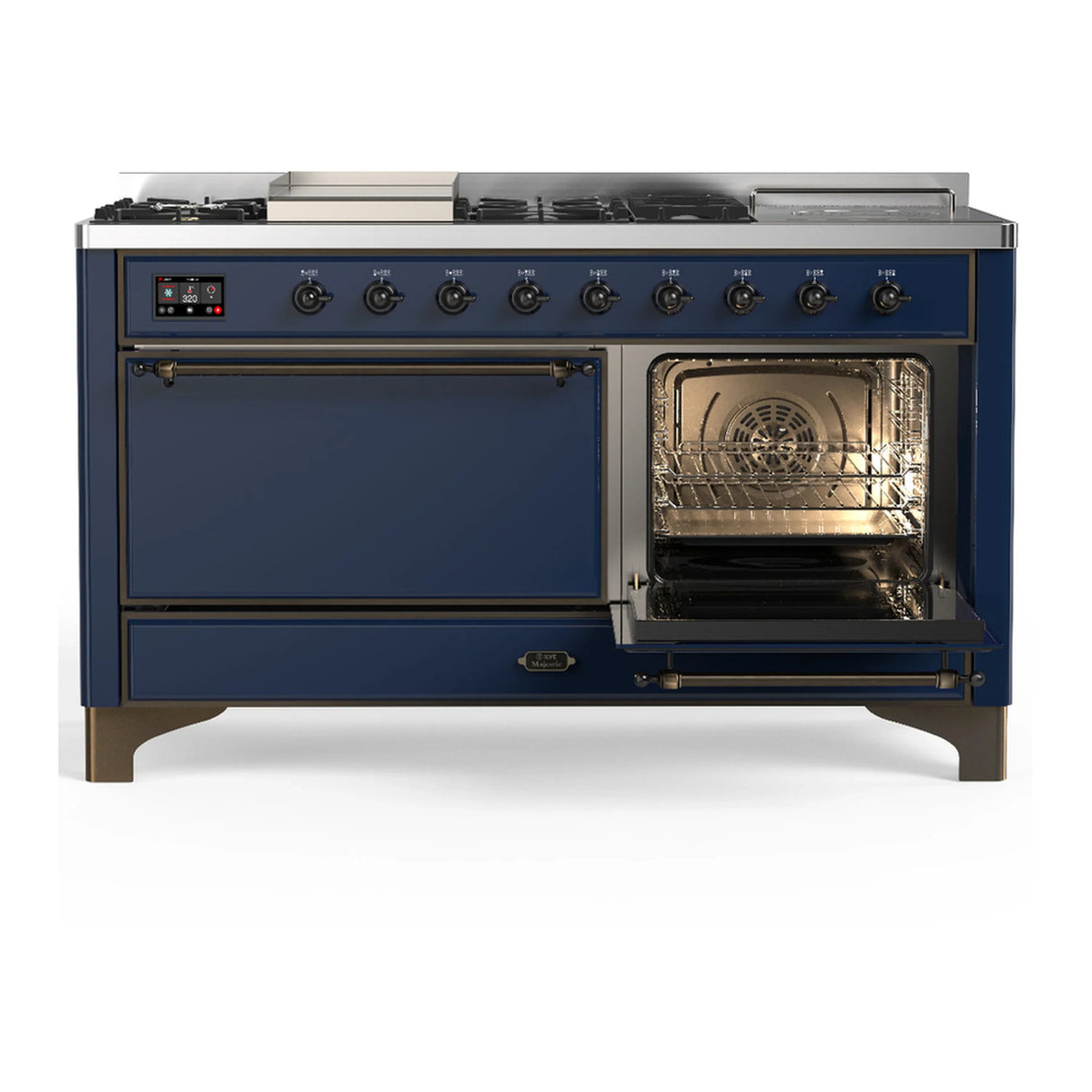 ILVE Majestic III 60-inch Dual Fuel Range with 5 Liquid Propane Burner, Griddle, French Top and Solid Door Electric Oven in Midnight Blue with Burnished Trim (UM60FSQNR3MBBLP)