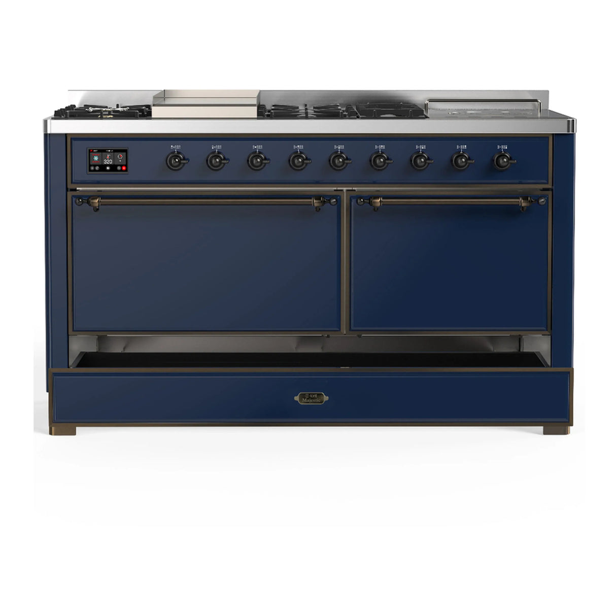 ILVE Majestic III 60-inch Dual Fuel Range with 5 Liquid Propane Burner, Griddle, French Top and Solid Door Electric Oven in Midnight Blue with Burnished Trim (UM60FSQNR3MBBLP)