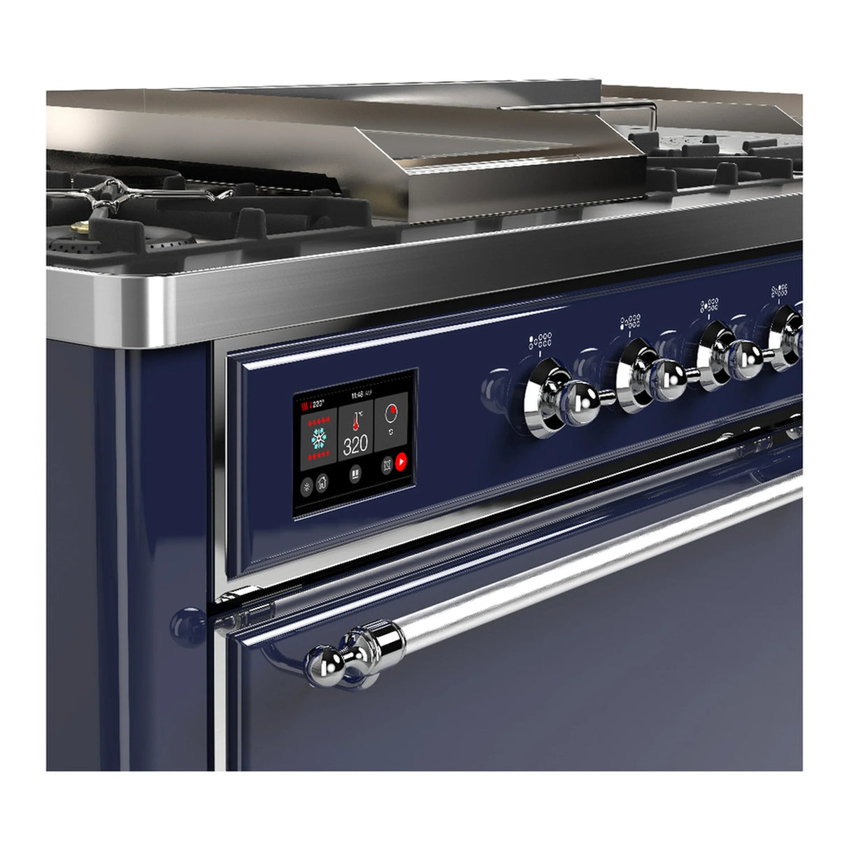 ILVE Majestic III 60-inch Dual Fuel Range with 7 Natural Gas Burner, Griddle, French Top and Solid Door Electric Oven in Midnight Blue with Chrome Trim (UM60FSQNR3MBC)