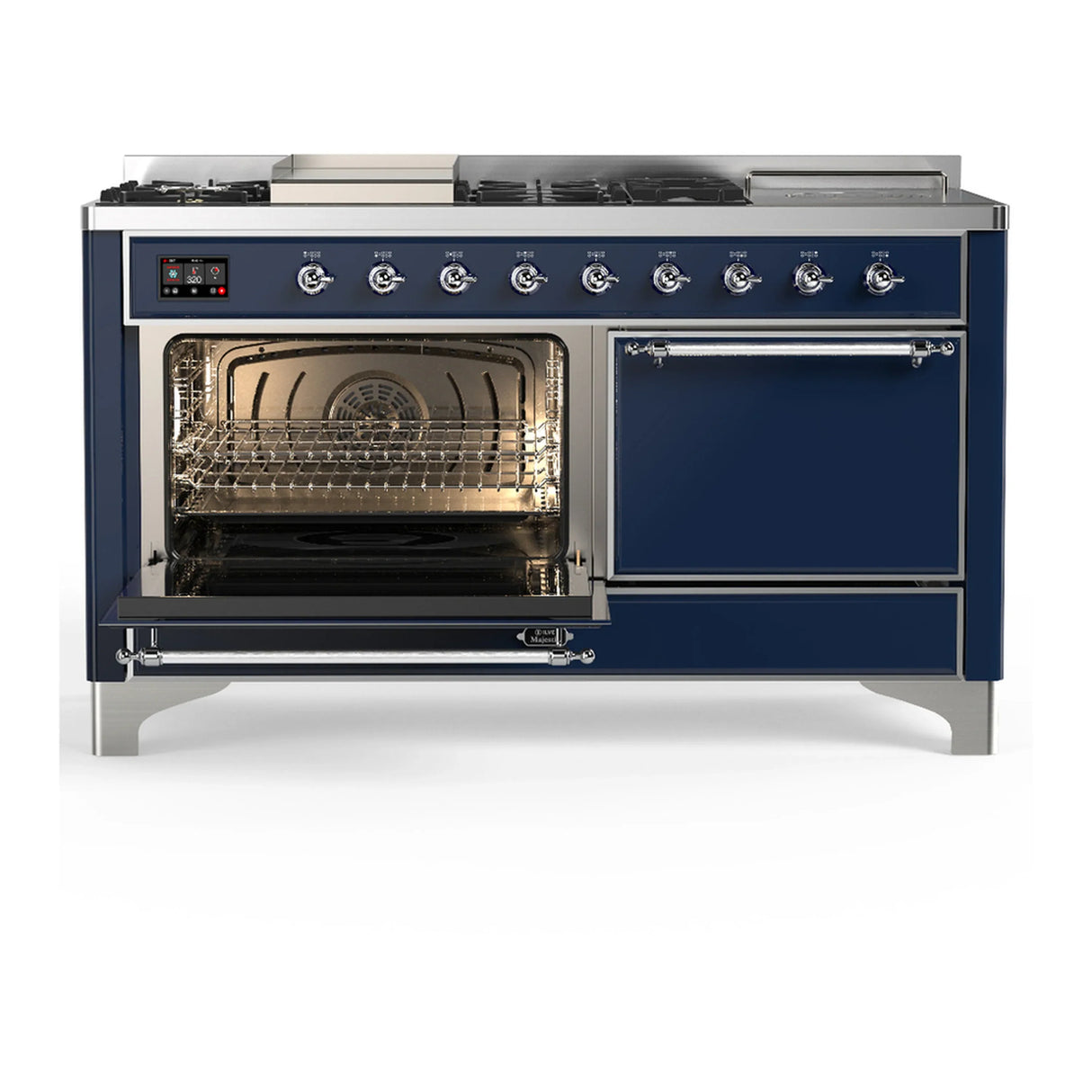ILVE Majestic III 60-inch Dual Fuel Range with 7 Natural Gas Burner, Griddle, French Top and Solid Door Electric Oven in Midnight Blue with Chrome Trim (UM60FSQNR3MBC)