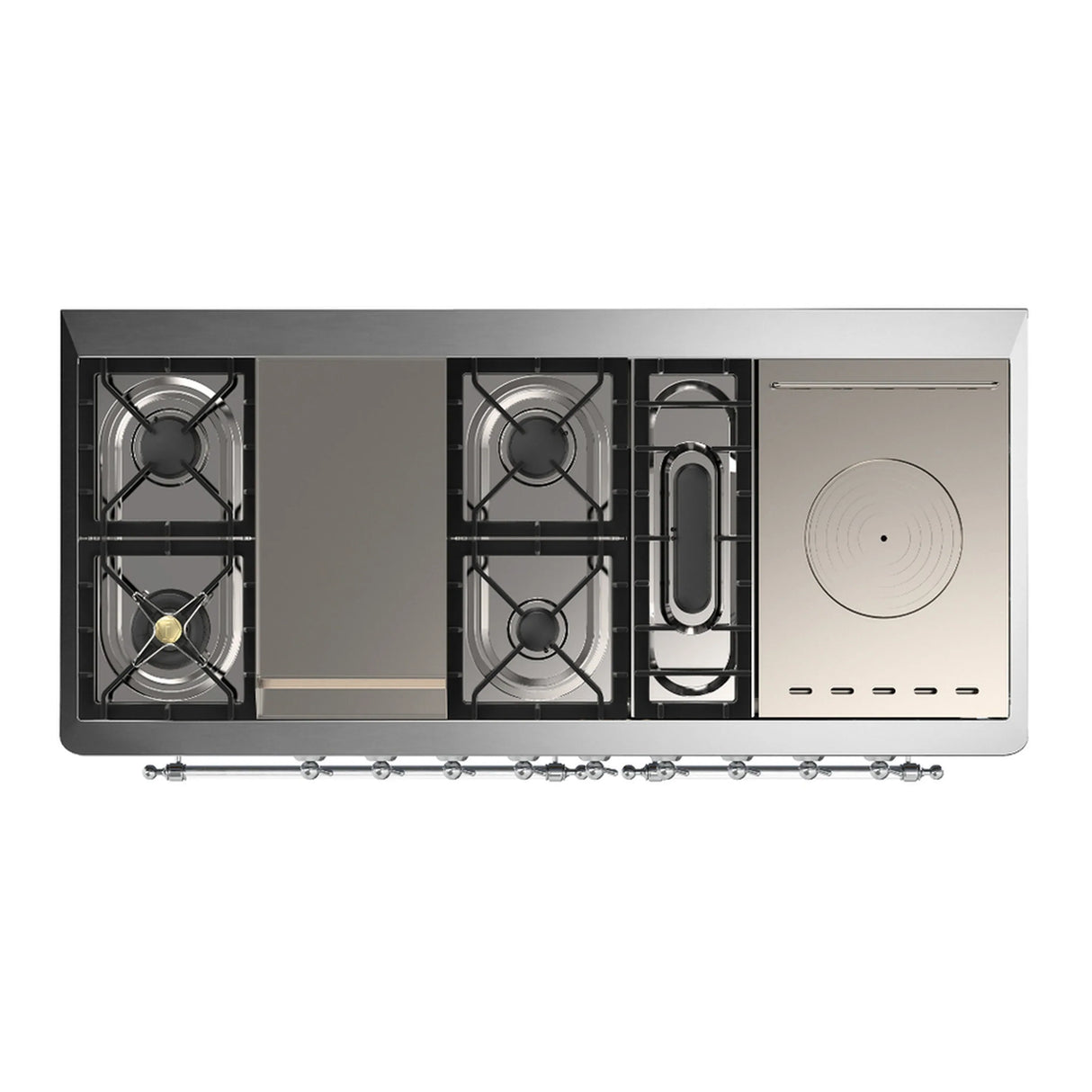 ILVE Majestic III 60-inch Dual Fuel Range with 7 Natural Gas Burner, Griddle, French Top and Solid Door Electric Oven in Midnight Blue with Chrome Trim (UM60FSQNR3MBC)