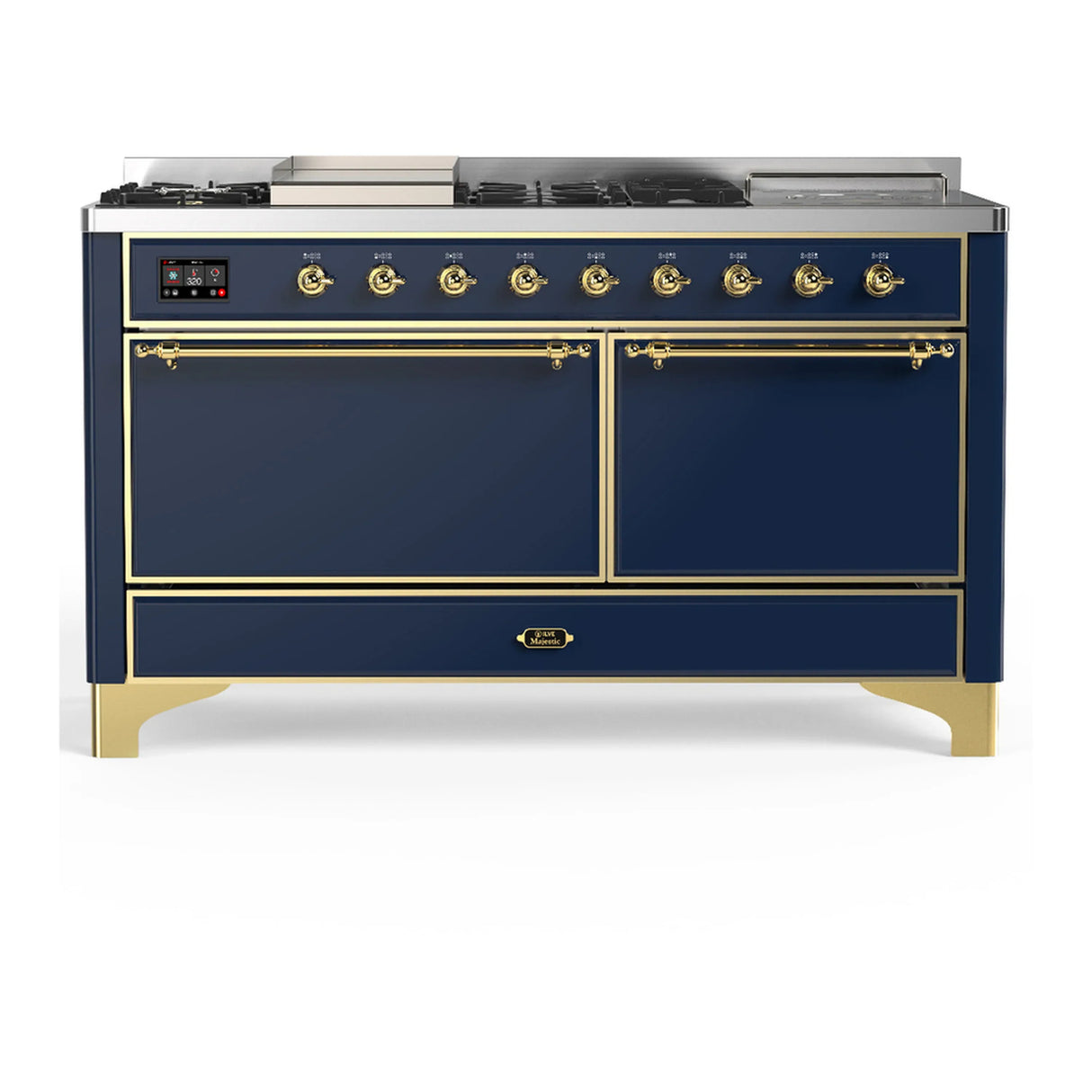 ILVE Majestic III 60-inch Dual Fuel Range with 7 Natural Gas Burner, Griddle, French Top and Solid Door Electric Oven in Blue Grey with Brass Trim (UM60FSQNR3MBG)