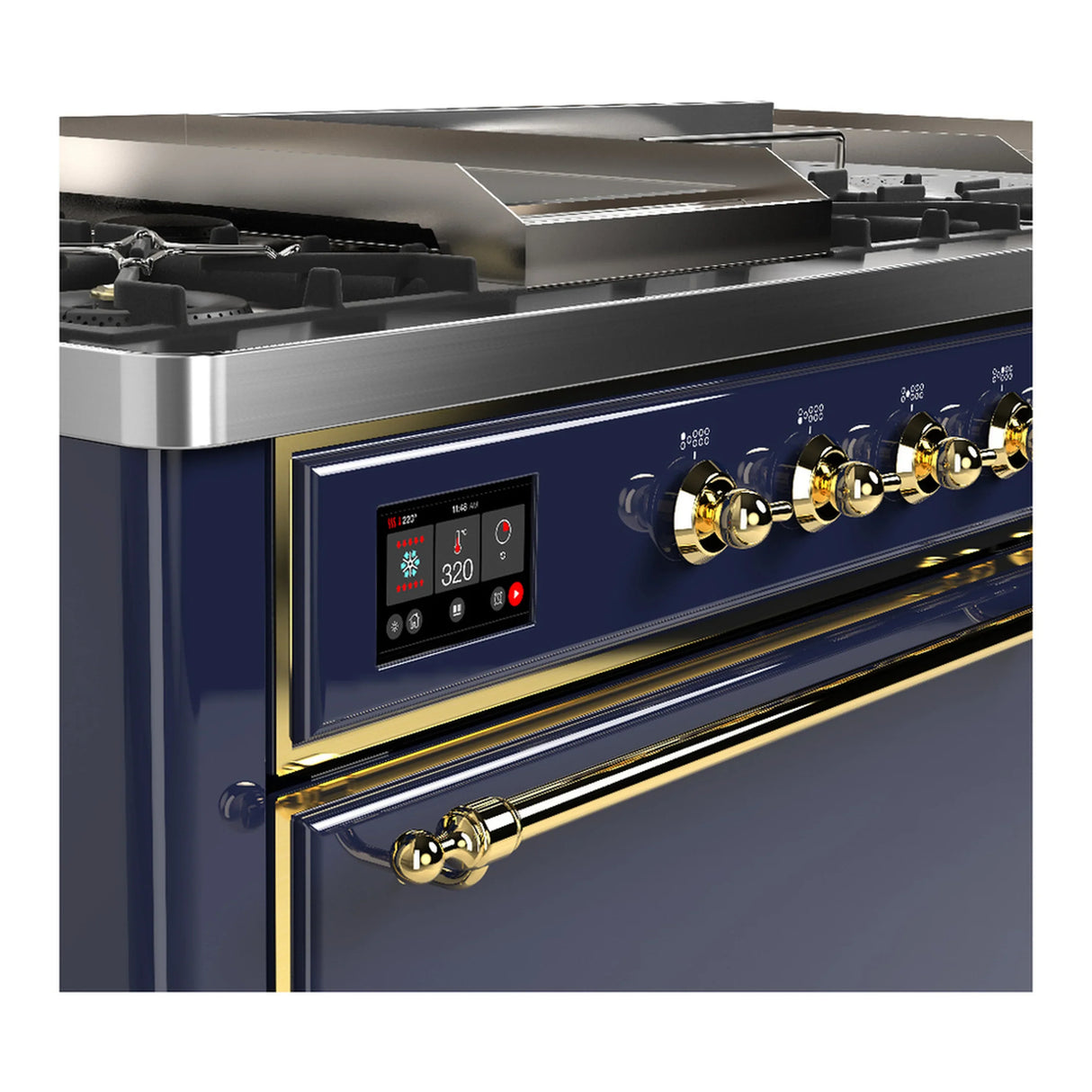 ILVE Majestic III 60-inch Dual Fuel Range with 7 Natural Gas Burner, Griddle, French Top and Solid Door Electric Oven in Blue Grey with Brass Trim (UM60FSQNR3MBG)