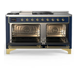 ILVE Majestic III 60-inch Dual Fuel Range with 7 Natural Gas Burner, Griddle, French Top and Solid Door Electric Oven in Blue Grey with Brass Trim (UM60FSQNR3MBG)