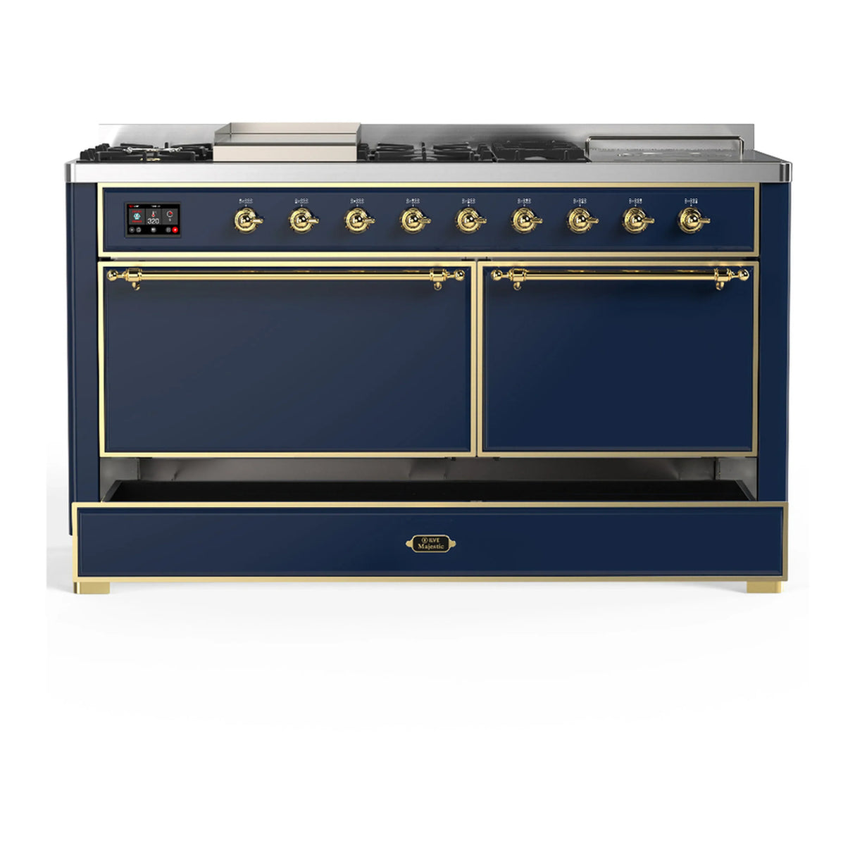 ILVE Majestic III 60-inch Dual Fuel Range with 7 Natural Gas Burner, Griddle, French Top and Solid Door Electric Oven in Blue Grey with Brass Trim (UM60FSQNR3MBG)