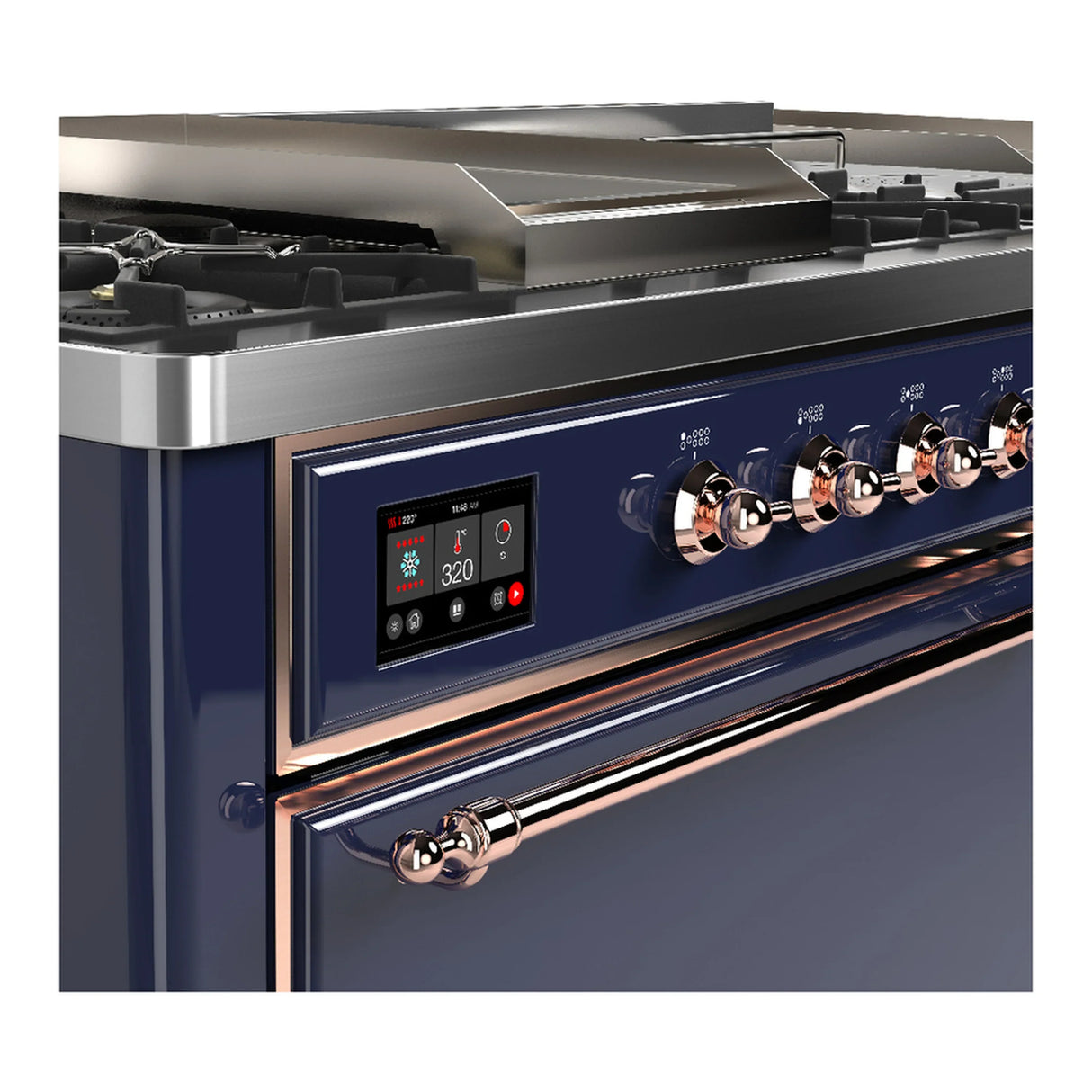 ILVE Majestic III 60-inch Dual Fuel Range with 7 Natural Gas Burner, Griddle, French Top and Solid Door Electric Oven in Midnight Blue with Copper Trim (UM60FSQNR3MBP)