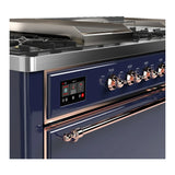ILVE Majestic III 60-inch Dual Fuel Range with 7 Natural Gas Burner, Griddle, French Top and Solid Door Electric Oven in Midnight Blue with Copper Trim (UM60FSQNR3MBP)